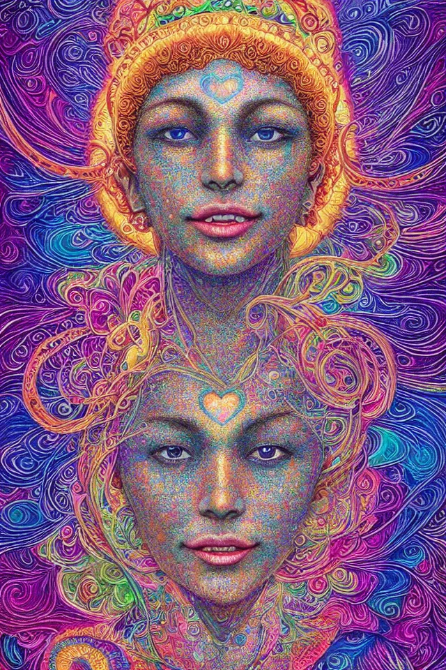Image similar to a happy beautiful wise spirit goddess in the shape of a heart, meditation, 3 2 k resolution, good vibes, perfect lighting, billions of details, made out of small cubes of love, pointillism, fabric embroidery, stunning psychedelic artwork, android jones, chris dyer, alex grey, trending on artstation, award winner