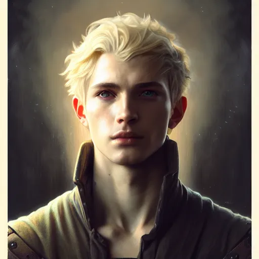 Image similar to portrait painting of a young melancholic man with a soft face and short light blonde hair wearing armor, ultra realistic, concept art, intricate details, eerie, highly detailed, photorealistic, octane render, 8 k, unreal engine. art by artgerm and greg rutkowski and charlie bowater and magali villeneuve and alphonse mucha