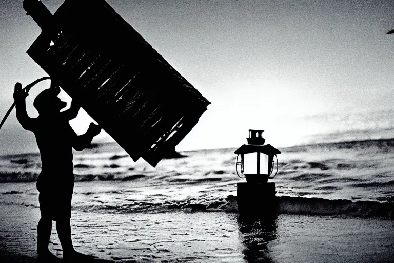 Prompt: film still of closeup old man holding up lantern by his beach hut at night. pirate ship in the ocean by emmanuel lubezki