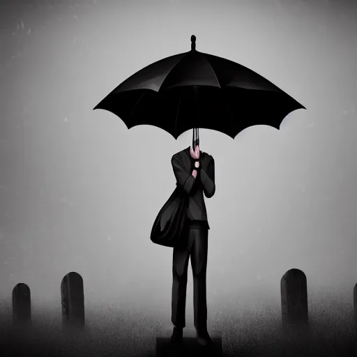 Prompt: A man holding a black umbrella standing in front of a grave,gloomy lighting , digital art , highly detailed , high contrast, beautiful lighting, award winning , trending on art station, 8k