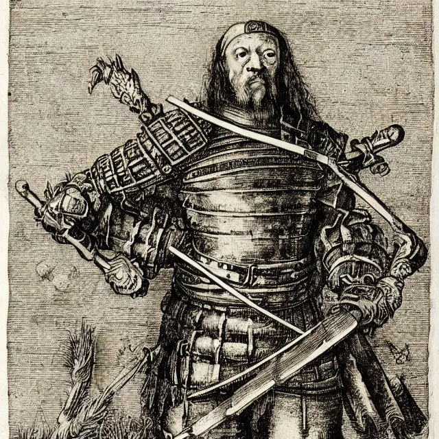 Prompt: “An engraving of a landsknecht by Albrecht Durer (1523)”