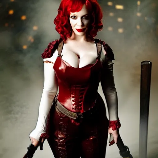 Image similar to full body photo of christina hendricks as a vampire warrior with weapons