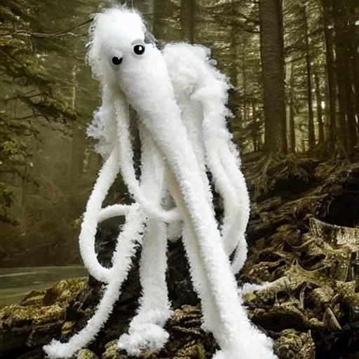 Prompt: an ethereal fluffy ghost like live action muppet wraith like figure with a squid like parasite as its head and four long tentacles for arms that flow gracefully at its sides like a cloak while it floats around a frozen rocky lake in the middle of the frozen woods searching for lost souls and that hides amongst the shadows in the trees, this character has cryokinesis and umbrakinesis and is a real muppet by sesame street surrounded by lost muppet souls, photo realistic, real, realistic, felt, stopmotion, photography, sesame street