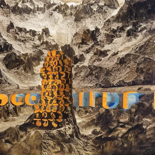 Image similar to a mountain made out of computer screens that display bitcoin logos, cinematic, post - apocalyptic landscape, harsh contrast lighting, in the style of surrealism, made by salvador dali