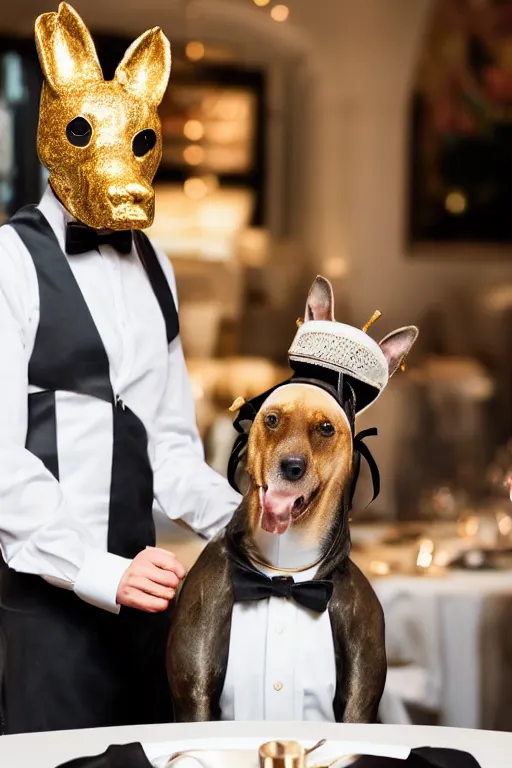 Image similar to a dog - headed waiter at the reception of a fancy restaurant