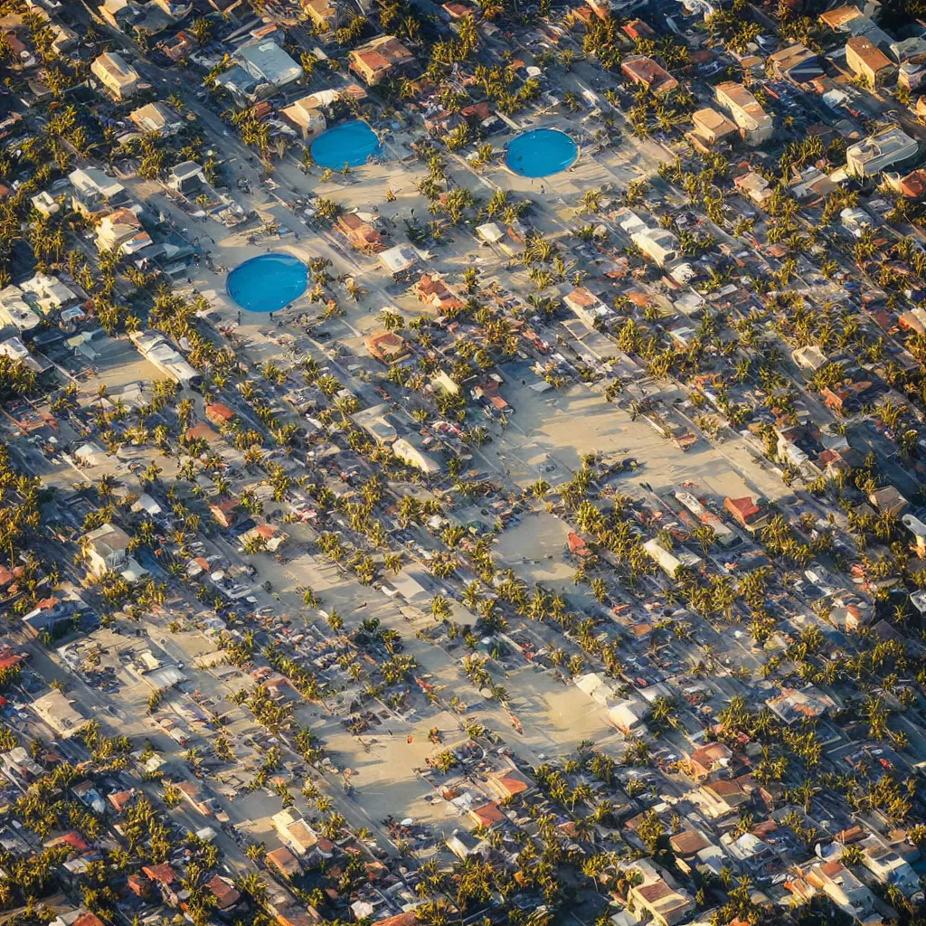 Prompt: “A ariel view photo of the venice beach skate park at sunset, national geographic photo, majestic”