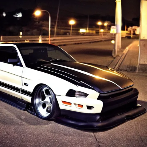 Image similar to JDM 90s car meet dark night time 2013 Mustang cut hood exahust through the hood removed front bumper wangan