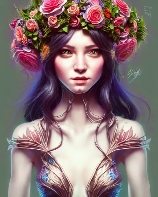 Image similar to digital art, centered full body elven bride with short hair, vivid flower crown ,intricate, veins, by James Jean and by artgerm, by ross tran , ultradetailed, charachter design, concept art, trending on artstation,