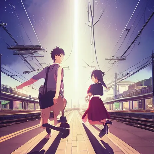 Image similar to a couple meeting up at a trainstation, running at each other with open arms, in the style of Kimi no Na wa. cgsociety masterpiece, artstation trending, by rossdraws, ghibli, your name, greg rutkowski