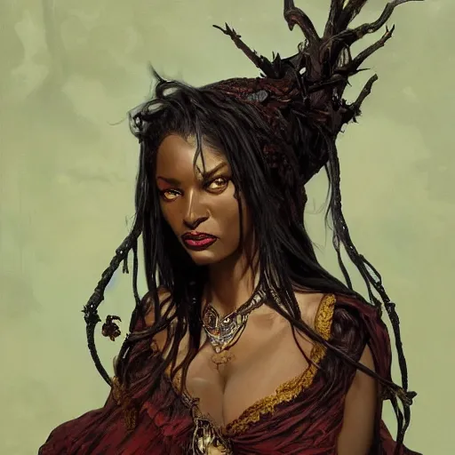 Prompt: Dark Fantasy Painting of a voodoo witch with a sinister evil look on her face, upper body, intricate, wild, highly detailed, digital painting, artstation, concept art, smooth, sharp focus, illustration, art by artgerm and greg rutkowski and alphonse mucha