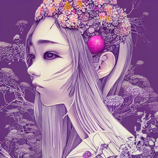 Image similar to the head of an unbelievably elegant and cute japanese girl partially made of potatoes roots and violets, an ultrafine detailed illustration by james jean, final fantasy, intricate linework, bright colors, behance contest winner, vanitas, angular, altermodern, unreal engine 5 highly rendered, global illumination, radiant light, detailed and intricate environment