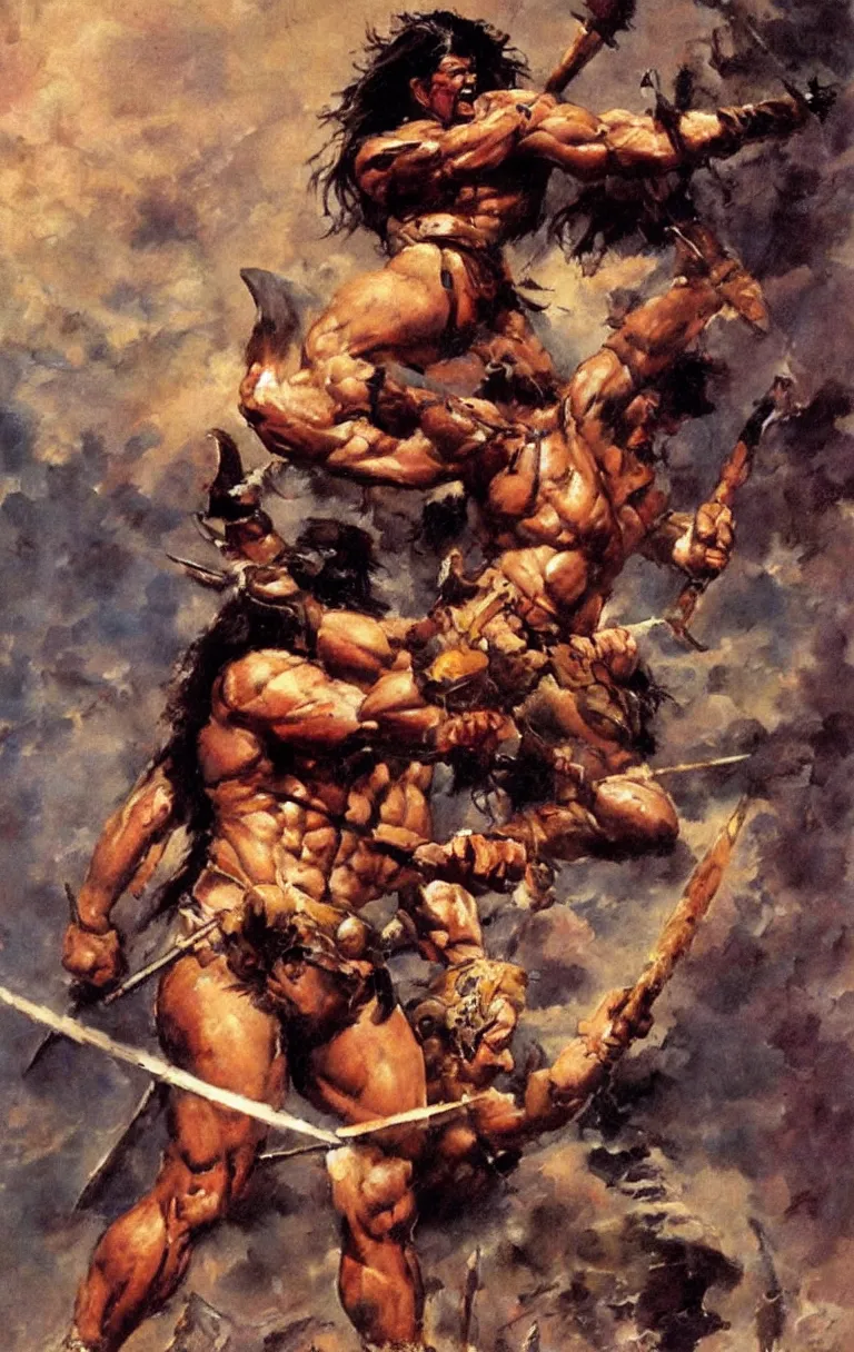 Image similar to a muscular barbarian warrior raising a spear, oil painting by frank frazetta