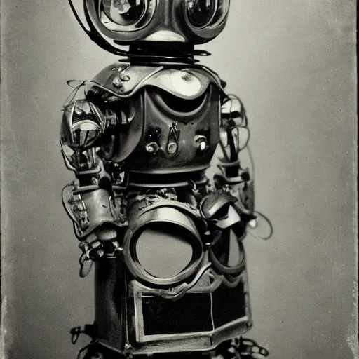 Prompt: portraits of an retro futuristic steampunk robot maidsa by Louis Daguerre