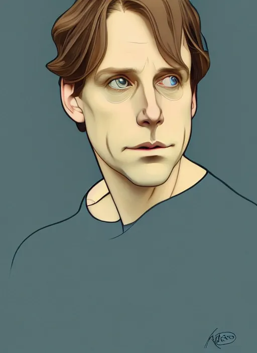 Prompt: art nouveau portrait of geoff rickly with short light brown straw blond hair, light blue eyes, sad expression, scared, head down, shy and demure, natural lighting, path traced, highly detailed, high quality, cartoon, digital painting, by don bluth and ross tran and studio ghibli and alphonse mucha