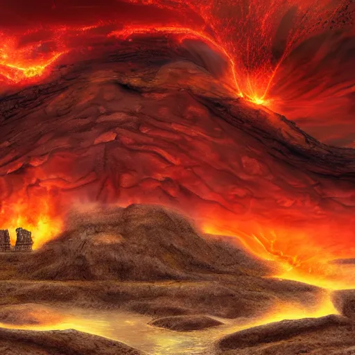 Prompt: wide open landscape in hell, river styx, lava, ruins, fortresses, dark sky, hellscape, digital art