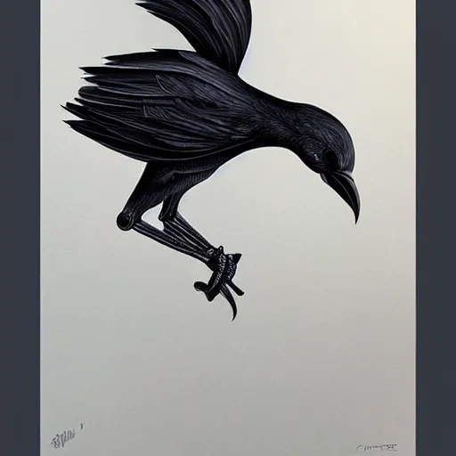 Prompt: a simple crow painting by Android Jones and M. C. Escher collaboration