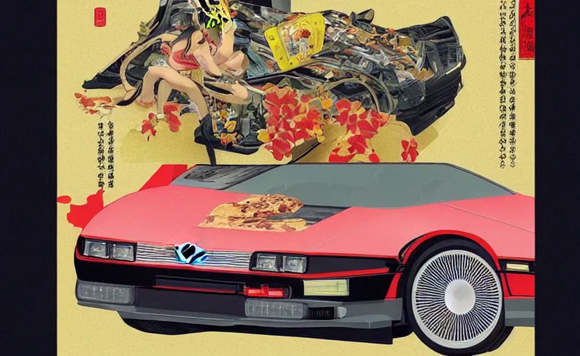 Prompt: a red delorean for a yellow tiger, art by hsiao - ron cheng and utagawa kunisada in a magazine collage, # de 9 5 f 0