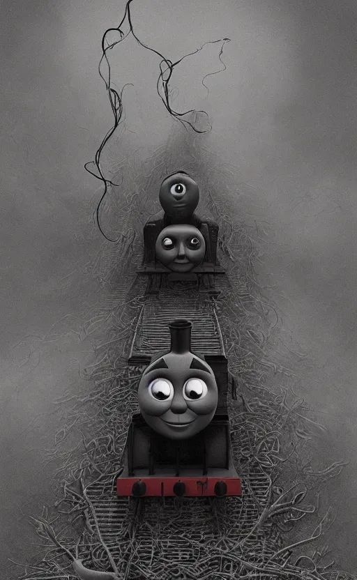 Image similar to thomas the tank engine in style of zdzisław beksinski, extremely dramatic lighting, 8 k, tendrils, black, darkness, black slime tendrils, infected, rust, body horror, thomas the train, thomas the tank engine face, horror,