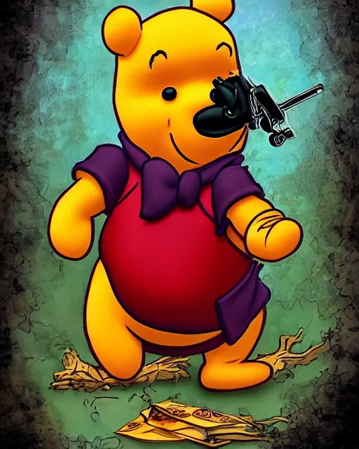 Image similar to Gothic Winnie the Pooh killer with pistol and jade jewelry painted on tarot card, digital art, high detailed, trending on artstation