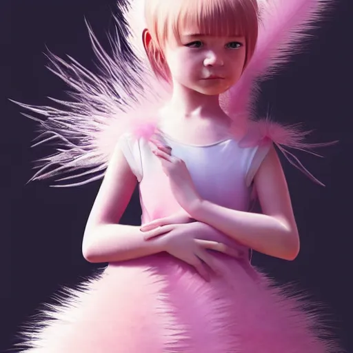 Prompt: little girl wearing an dress made of baby pink feathers, art by ilya kuvshinov, 8 k, concept art, gracious, realistic cgi