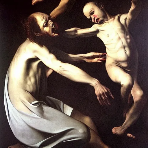 Image similar to exorcism art by caravaggio, high quality, high detailed, photorealism, Dramatic Lighting, Beautiful,