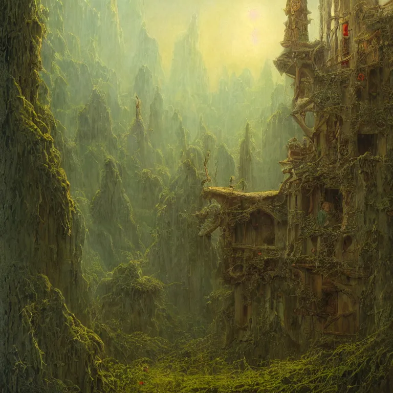 Image similar to a detailed painting inspired by moebius and beksinski of a medieval two floor building in the forest. fantasy poster. lord of the rings style. cinematic fantasy scene. fantasy. carl spitzweg. renaissance elements. renaissance element. oil painting. award winning. trending on artstation. 8 k