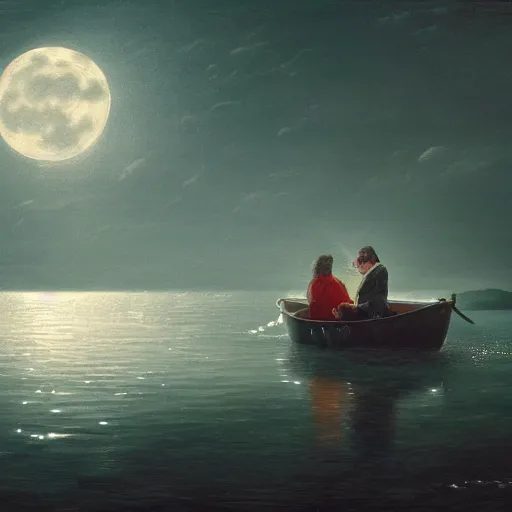 Prompt: man and daughter in a small boat on a rough sea late at night, moonlight reflections across water, hyper realism, high detail, deep aesthetic, rich colors, 4k, highly ornate intricate details,