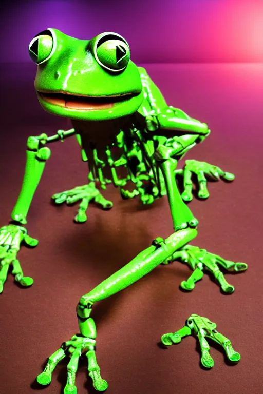 Image similar to movie poster of kermit the terminator, chromatic humanoid skeleton frog skeleton hybrid, robot, ultra realistic, cinematic lighting hd photography,