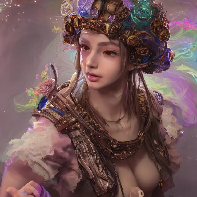 Prompt: studio portrait of neutral good rainbow colorful female cleric bard healer as absurdly beautiful, elegant, realistic young gravure idol looking up, an ultrafine hyperdetailed illustration by kim jung gi, irakli nadar, intricate linework, detailed attractive faces, super sharp focus, bright colors, octopath traveler, unreal engine 5 highly rendered, global illumination, radiant light