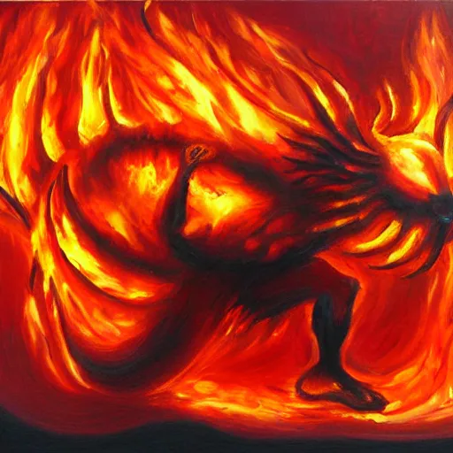 Image similar to fire demon eat human, oil painting