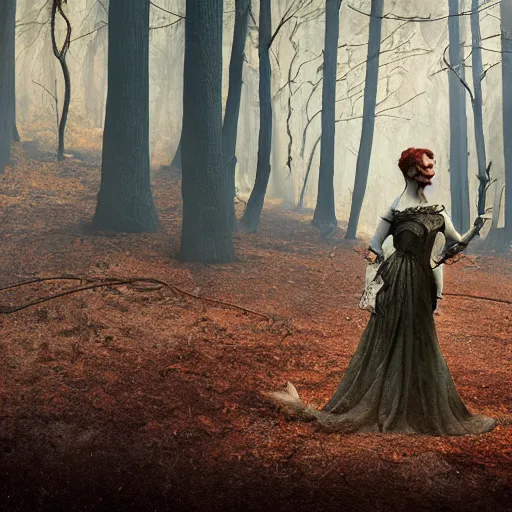 Prompt: A highly detailed matte painting of a Fae noblewoman in a burnt forest, octane render, 4K resolution, masterpiece - n 4