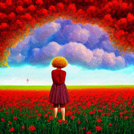 Image similar to large red flower afro, girl standing in a field with flowers, surreal photography, hills, big trees, sunrise dramatic light, impressionist painting, colorful clouds, digital painting, pointillism, artstation, simon stalenhag