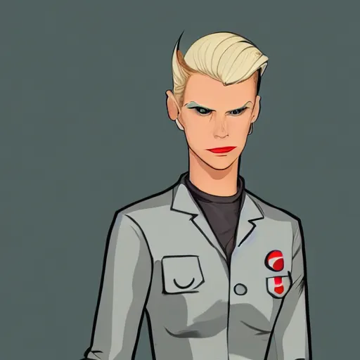 Image similar to character concept art of heroic stoic emotionless butch blond handsome woman engineer with very short slicked - back butch hair, narrow eyes, wearing atompunk jumpsuit, retrofuture, science fiction, mike mignogna, digital art