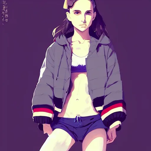 Image similar to a beautiful! boyish! natalie portman alluring gravure! model, wearing oversized aztec bomber jacket and leotard, poofy bomber jacket with mayan patterns, gapmoe yandere grimdark, trending on pixiv fanbox, painted by greg rutkowski makoto shinkai takashi takeuchi studio ghibli, akihiko yoshida