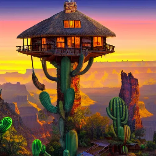 Prompt: fancy treehouse mansion built in a giant cactus on top of plateau overlooking grand canyon at sunset detailed luminescent airbrushed painting 4 k