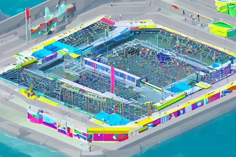 Image similar to isometric view of a multi - leveled high - tech arena floating in the sky, inspired by modern skate parks and modern chinese playgrounds in the style of splatoon, day