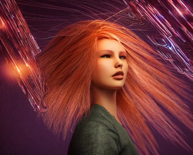 Image similar to glowing hair, supercomputer complex cybernetic beings, beautiful hairy humanoids, cybergods, cybermagnetosphere, cybernetic civilizations, ornate hair, love, joy, vortexes, large arrays, data holograms, 8 k, cinematic light shadows, wet hdr refractions