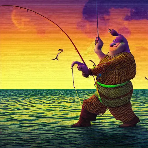 Image similar to 6 0 0 px by 6 0 0 px. expensive pixel work, dithered masterpiece, pixel art shrek fishing on a sailboat