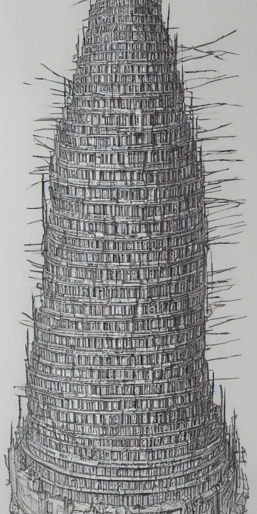 Prompt: line art of tower of babel pencil on paper