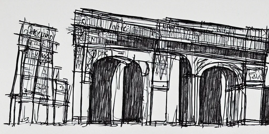 Image similar to architectural schematics Paris Arc de triomphe, drawn by Ed Wood Jr, in the style of Bauhaus