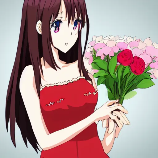 Image similar to anime girl holds a bouquet,