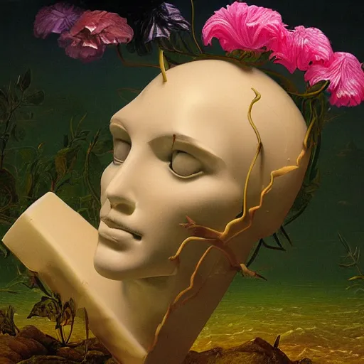 Prompt: a surreal vaporwave vaporwave vaporwave vaporwave vaporwave painting by Thomas Cole of an old pink mannequin head with flowers growing out, sinking underwater, highly detailed