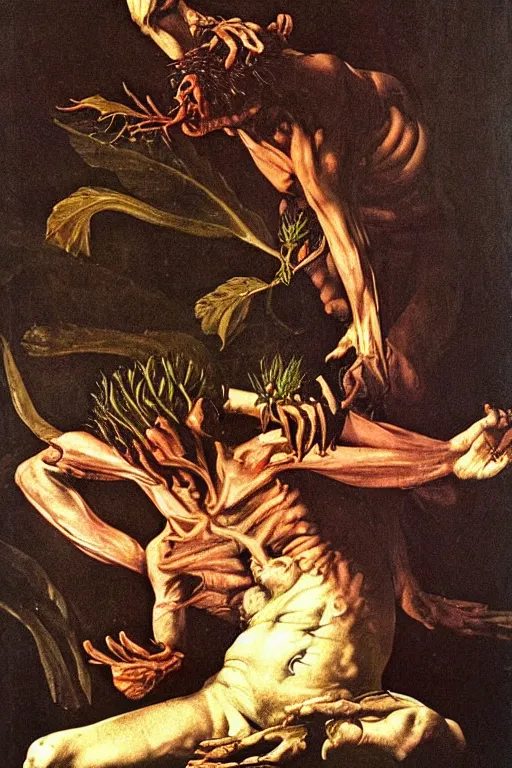 Prompt: a plant monster eats a man alive, by caravaggio