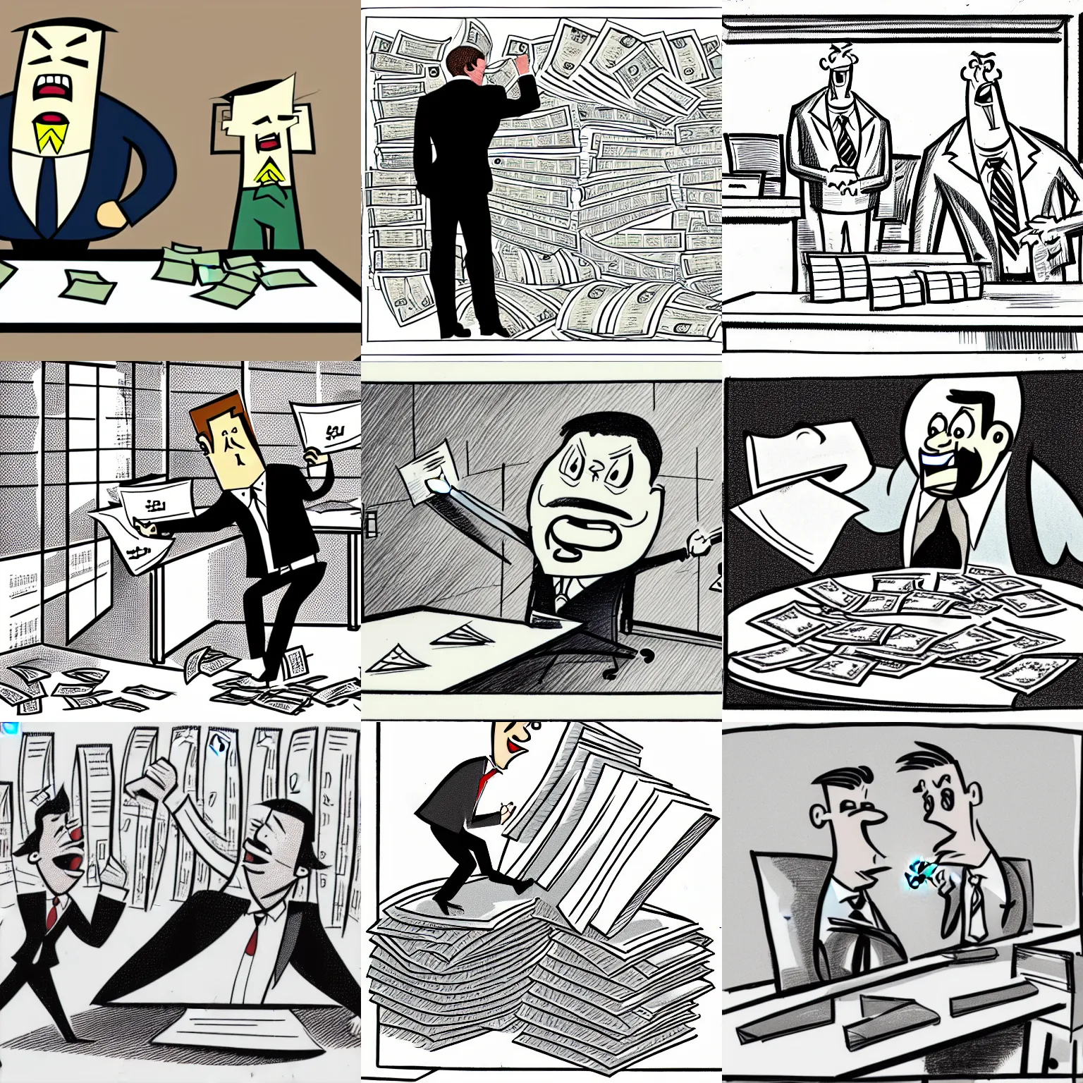 Prompt: angry business man yells across a desk at annother man. Piles of money. Line drawing, Doug Hill Style