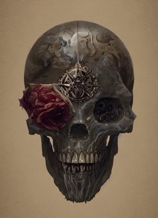 Image similar to A fancy portrait of a crystal skull by Greg Rutkowski, Sung Choi, Mitchell Mohrhauser, Maciej Kuciara, Johnson Ting, Maxim Verehin, Peter Konig, Bloodborne, 8k photorealistic, cinematic lighting, HD, high details, dramatic, atmospheric , trending on artstation