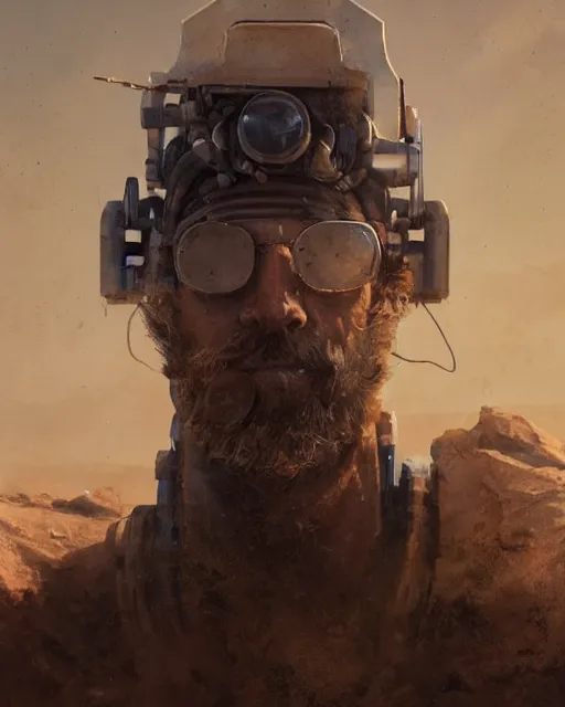 Image similar to a rugged engineer man with cybernetic enhancements lost in the desert, scifi character portrait by greg rutkowski, esuthio, craig mullins, 1 / 4 headshot, cinematic lighting, dystopian scifi gear, gloomy, profile picture, mechanical, half robot, implants, steampunk