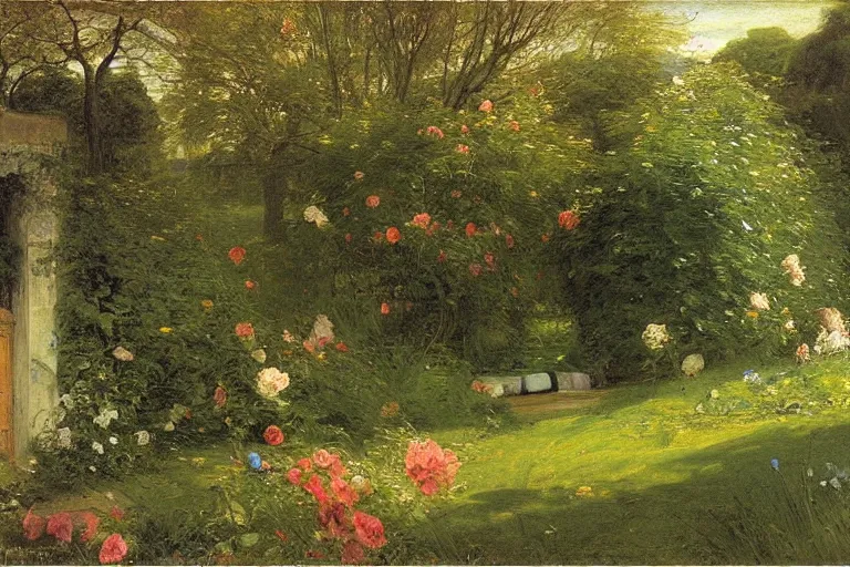 Image similar to secret garden, lush, floral, botanical, romanticism, dreamy, light, summery, john everett millais hudson river school