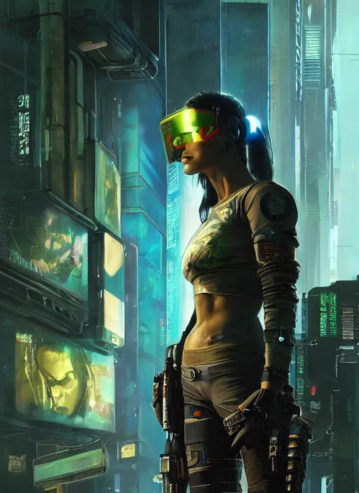 Image similar to Ela. Cyberpunk mercenary in tactical gear infiltrating corporate mainframe. (Cyberpunk 2077), blade runner 2049, (matrix) Concept art by James Gurney, greg rutkowski, Craig Mullins and Alphonso Mucha. Stylized painting with Vivid color.