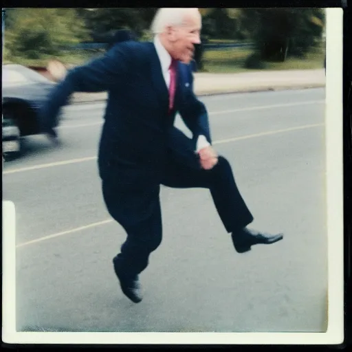 Image similar to polaroid image of joe biden chasing after a man.