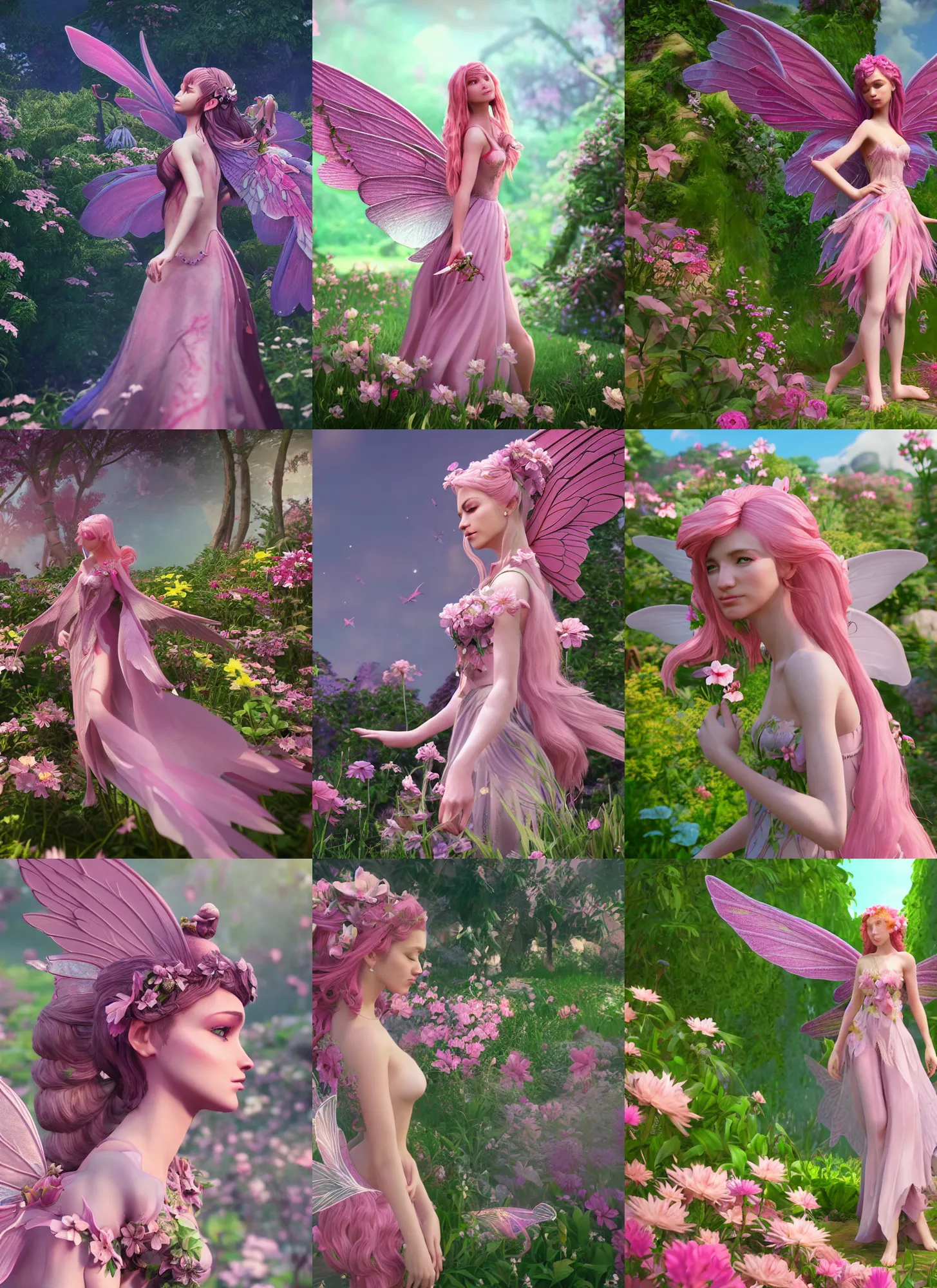 Prompt: side profile d & d style of a pink beautiful fairy with large wings and flowing hair and beautiful face wearing clothing is exploring her flower garden, extremely detailed, unreal engine, octane render, 4 k